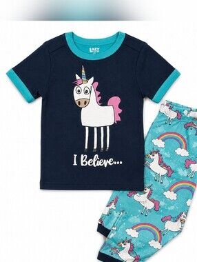 Lazy One Unicorn Pajama Set Girls 2T Rainbow Cotton PJ Set Blue Pink